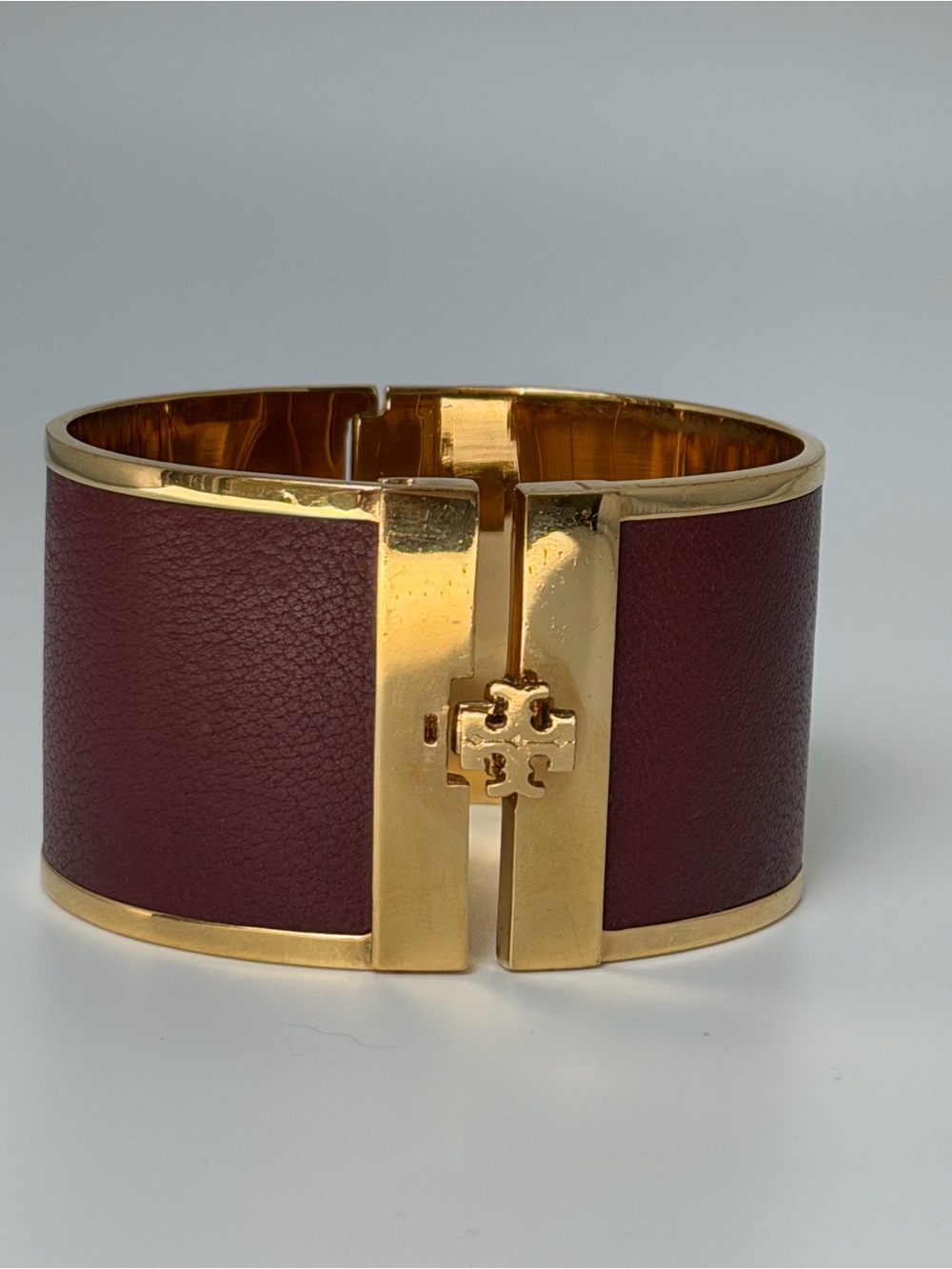 Tory Burch Burgundy Leather Gold Tone Wide Cuff Bracelet - Picture 8 of 9